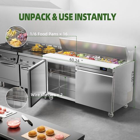طاولة إعداد سلطة ساندويتش الثلاجة التجارية Coolake مقاس 60 بوصة، وثلاجة ساندويتش ببابين مع مقالي 16 GN 1/6، وثلاجة تبريد بمروحة مضادة للمطعم، ETL DOE in Kuwait