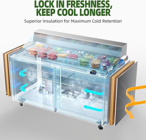 طاولة إعداد سلطة ساندويتش الثلاجة التجارية Coolake مقاس 60 بوصة، وثلاجة ساندويتش ببابين مع مقالي 16 GN 1/6، وثلاجة تبريد بمروحة مضادة للمطعم، ETL DOE in Kuwait