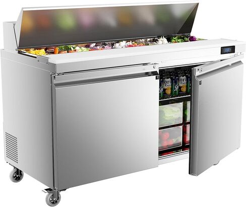 طاولة إعداد سلطة ساندويتش الثلاجة التجارية Coolake مقاس 60 بوصة، وثلاجة ساندويتش ببابين مع مقالي 16 GN 1/6، وثلاجة تبريد بمروحة مضادة للمطعم، ETL DOE in Kuwait