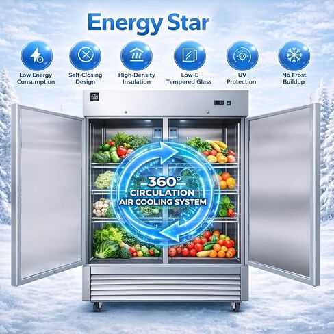 Commercial Refrigerator 2-Doors Solid Upright Reach in Two Section Inside Stainless Steel 54" Width, Capacity 43 Cuft, Bottom Mounted Restaurant Quality Kitchen Cooler Fridge, NSF Certified in Kuwait