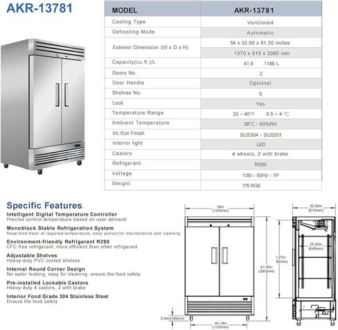 Commercial Refrigerator 2-Doors Solid Upright Reach in Two Section Inside Stainless Steel 54" Width, Capacity 43 Cuft, Bottom Mounted Restaurant Quality Kitchen Cooler Fridge, NSF Certified in Kuwait