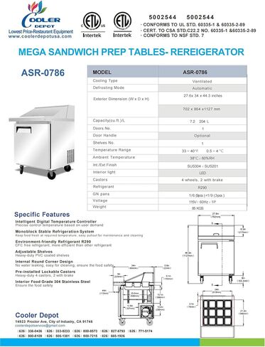 cooler depot Commercial Refrigerated Sandwich Prep Table Mega Top 1-door 27" NSF 7.2 Cuft (Stainless Steel, 28" L, x 34" D, x 43" H) ASR-0786 in Kuwait