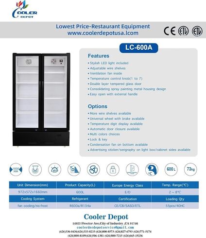 Commercial Refrigerator Glass 2-Door Merchandiser Display Cooler, Beverage Drink Cooler 67"Height Beverage Drink Fridge ETL,NSF certified, 38 inches width, 21 cuft 110V, Restaurant LC-600A in Kuwait