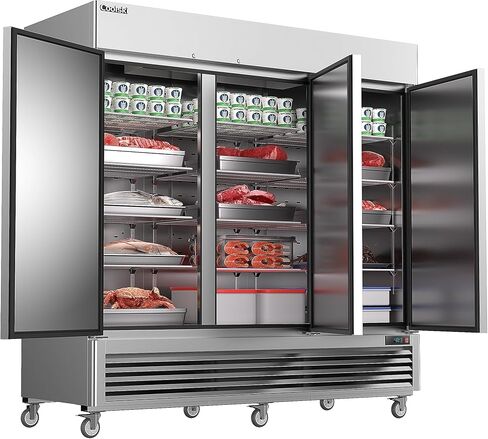 Coolski 82'' Commercial Freezer 3 Doors, Reach-In Upright Freezer for Restaurants Bars Garages, 72 Cu.Ft Auto Defrost -13 to -5℉ Temp Control Fan Cooling, ETL NSF Approved in Kuwait
