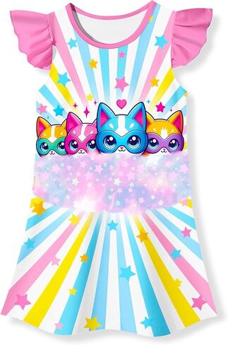 Girls Cute Super Animal Print Dress for 3-8 Years – Flutter Sleeve Casual Princess Outfit in Saudi Arabia