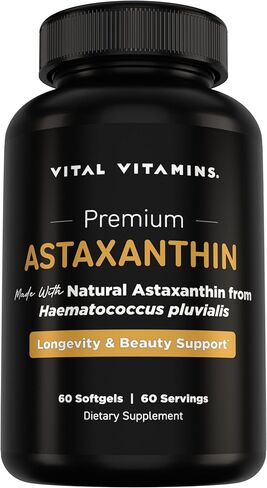 Vital Vitamins Astaxanthin 12mg Softgels - Made with Natural Astaxanthin - Supplement to Promote Skin Hydration, Elasticity - Defends Cells Against Daily Damage - Vegan, Made in the USA - 60 Soft Gels in Kuwait