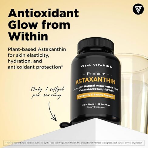 Vital Vitamins Astaxanthin 12mg Softgels - Made with Natural Astaxanthin - Supplement to Promote Skin Hydration, Elasticity - Defends Cells Against Daily Damage - Vegan, Made in the USA - 60 Soft Gels in Kuwait