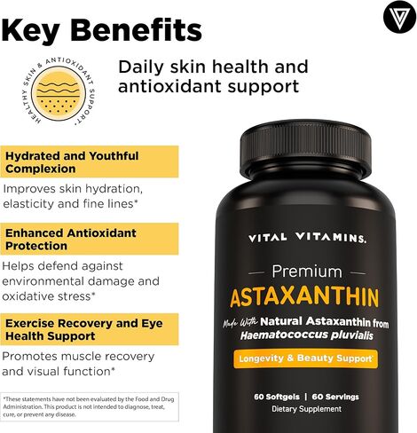 Vital Vitamins Astaxanthin 12mg Softgels - Made with Natural Astaxanthin - Supplement to Promote Skin Hydration, Elasticity - Defends Cells Against Daily Damage - Vegan, Made in the USA - 60 Soft Gels in Kuwait