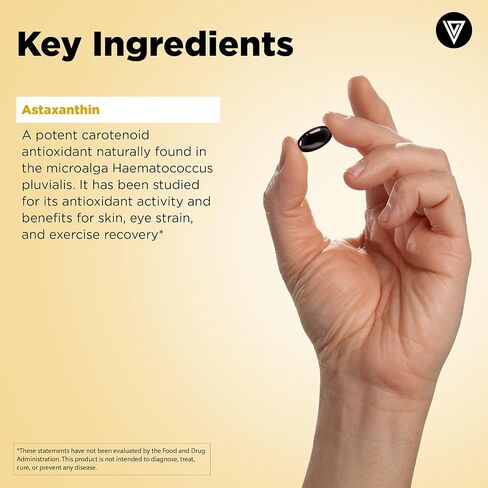 Vital Vitamins Astaxanthin 12mg Softgels - Made with Natural Astaxanthin - Supplement to Promote Skin Hydration, Elasticity - Defends Cells Against Daily Damage - Vegan, Made in the USA - 60 Soft Gels in Kuwait