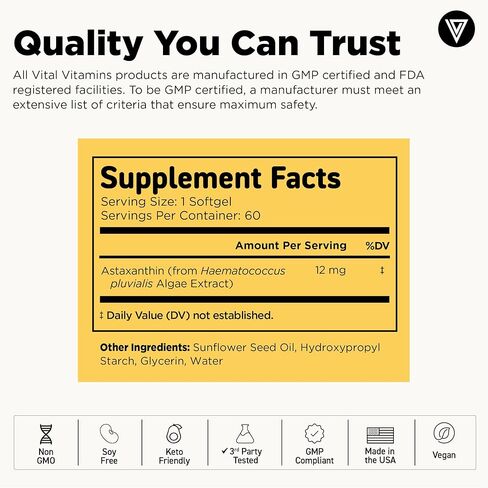 Vital Vitamins Astaxanthin 12mg Softgels - Made with Natural Astaxanthin - Supplement to Promote Skin Hydration, Elasticity - Defends Cells Against Daily Damage - Vegan, Made in the USA - 60 Soft Gels in Kuwait