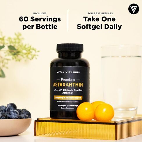 Vital Vitamins Astaxanthin 12mg Softgels - Made with Natural Astaxanthin - Supplement to Promote Skin Hydration, Elasticity - Defends Cells Against Daily Damage - Vegan, Made in the USA - 60 Soft Gels in Kuwait