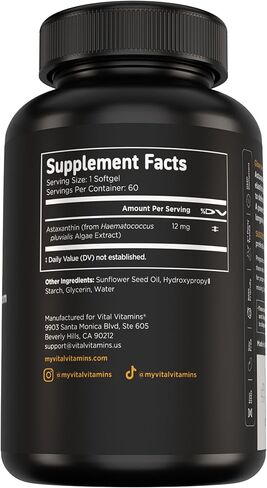 Vital Vitamins Astaxanthin 12mg Softgels - Made with Natural Astaxanthin - Supplement to Promote Skin Hydration, Elasticity - Defends Cells Against Daily Damage - Vegan, Made in the USA - 60 Soft Gels in Kuwait