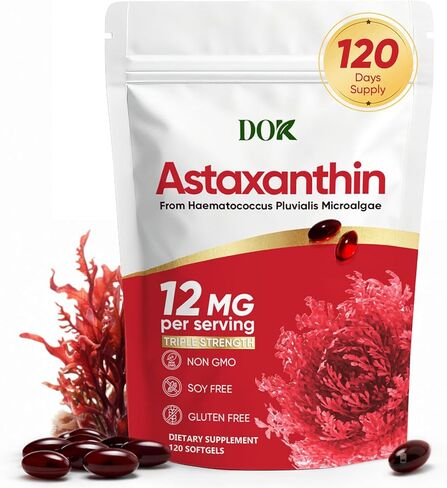 Astaxanthin 12mg, Premium astaxanthin Supplements, Fresh Microalgae Source, Natural Antioxidant Supplement for Eye, Joint, Skin Health, Natural Tanning, Non-GMO & No Gluten, 120 Softgels in Kuwait
