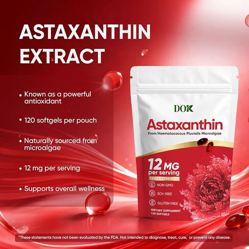 Astaxanthin 12mg, Premium astaxanthin Supplements, Fresh Microalgae Source, Natural Antioxidant Supplement for Eye, Joint, Skin Health, Natural Tanning, Non-GMO & No Gluten, 120 Softgels in Kuwait