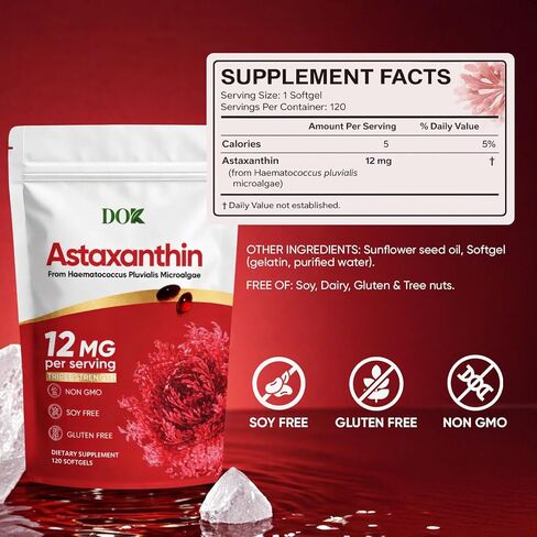 Astaxanthin 12mg, Premium astaxanthin Supplements, Fresh Microalgae Source, Natural Antioxidant Supplement for Eye, Joint, Skin Health, Natural Tanning, Non-GMO & No Gluten, 120 Softgels in Kuwait