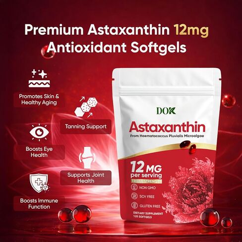 Astaxanthin 12mg, Premium astaxanthin Supplements, Fresh Microalgae Source, Natural Antioxidant Supplement for Eye, Joint, Skin Health, Natural Tanning, Non-GMO & No Gluten, 120 Softgels in Kuwait