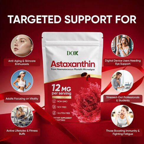 Astaxanthin 12mg, Premium astaxanthin Supplements, Fresh Microalgae Source, Natural Antioxidant Supplement for Eye, Joint, Skin Health, Natural Tanning, Non-GMO & No Gluten, 120 Softgels in Kuwait