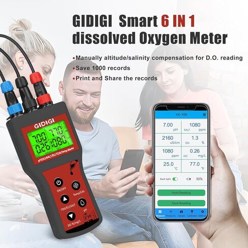 Dissolved Oxygen Meter for Water 6 in 1 Smart DO pH Salinity TDS EC Temp. with Auto Compensation for Ponds Aquariums Water Testing Water Quality Tester Pond Oxygen Tester Fish Tank pH Test Kit in Kuwait