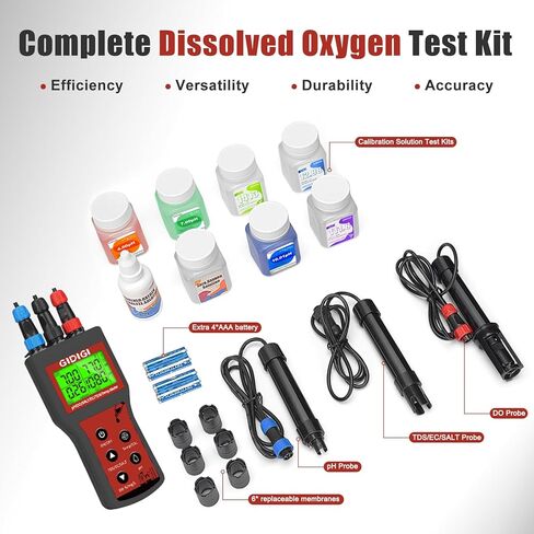 Dissolved Oxygen Meter for Water 6 in 1 Smart DO pH Salinity TDS EC Temp. with Auto Compensation for Ponds Aquariums Water Testing Water Quality Tester Pond Oxygen Tester Fish Tank pH Test Kit in Kuwait