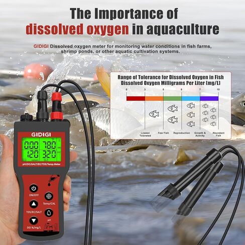 Dissolved Oxygen Meter for Water 6 in 1 Smart DO pH Salinity TDS EC Temp. with Auto Compensation for Ponds Aquariums Water Testing Water Quality Tester Pond Oxygen Tester Fish Tank pH Test Kit in Kuwait