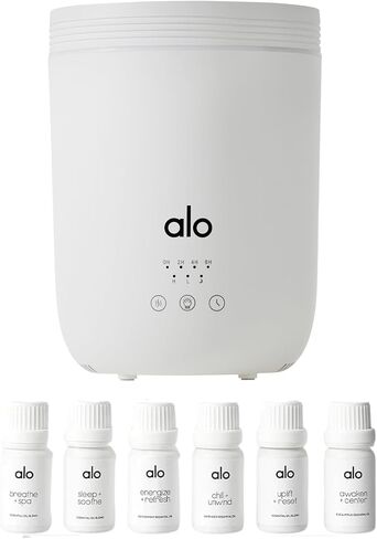alo aura diffuser + مجموعة زيت كاملة | ناشر الزيت الأساسي ومرطب الضباب البارد | عملية هادئة | يغطي 700 متر مربع. قدم | ما يصل إلى 22 ساعة وقت التشغيل | للمنزل ، استوديوهات التمرين ، الفصول الدراسية | in Kuwait
