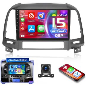 [4+64g] Hikity Android Car Stereo لـ Hyundai Santa Fe 2006 2007 2008 2008 2010 2012 مع Carplay Android Auto ، 9 '' 'Radio Mirror Link Bluetooth wifi cam swc cam swc in Kuwait