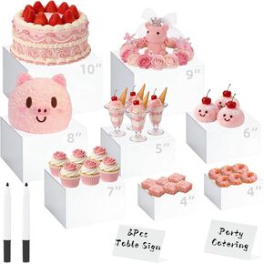 8 Pcs White Acrylic Buffet Risers and Stands, Acrylic Food Risers for Buffet Table Display Stand, Party Collectibles Dessert Jewelry Catering with Mini Table Sign (10" 9" 8" 7" 6" 5" 4" 4") in Kuwait