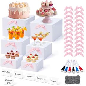6 Pcs Buffet Risers, Acrylic Risers Display Stands for Buffet Table with Bow/Mini Sign/Marker/Mini Eraser, Hollow Bottom Nesting Cube Food Display Stand for Party Catering Dessert(8",7",6",5",4",4") in Saudi Arabia