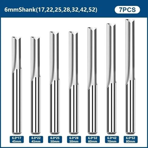 7pcs Double Edged Straight Slot Milling Cutter 6mm Shank ﻿Engraving Bit ﻿2 Flutes Router Bits 17-52mm Cutting Length Carbide End Mill in Kuwait