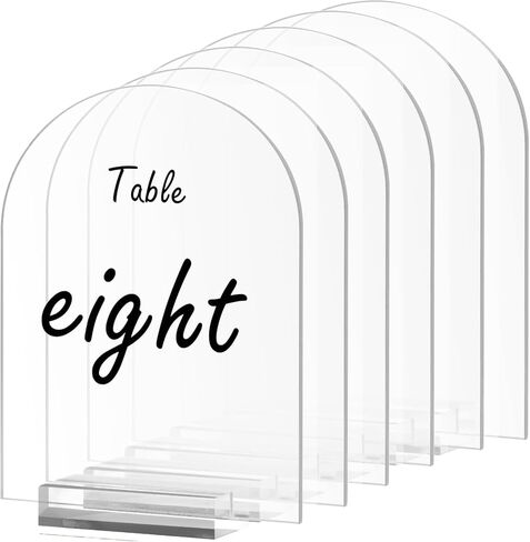 لافتة أكريليك شفافة مقاس 5 × 7 بوصة مع حوامل، أوراق فارغة شفافة علامات طاولة مع حامل، ورقة أكريليك مستديرة علوية مقوسة، DIY لقائمة شريط قائمة رقم طاولة الزفاف (6) in Kuwait