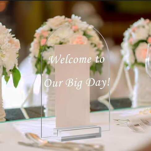 لافتة أكريليك شفافة مقاس 5 × 7 بوصة مع حوامل، أوراق فارغة شفافة علامات طاولة مع حامل، ورقة أكريليك مستديرة علوية مقوسة، DIY لقائمة شريط قائمة رقم طاولة الزفاف (6) in Kuwait