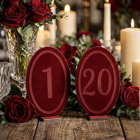 Yookeer Wedding Velvet Table Numbers 1-20 Wood Wedding Bar Sign with Stand Burgundy Oval Table Numbers for Reception Wooden Tables Markers for Anniversary, Event, Party in Saudi Arabia