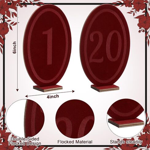 Yookeer Wedding Velvet Table Numbers 1-20 Wood Wedding Bar Sign with Stand Burgundy Oval Table Numbers for Reception Wooden Tables Markers for Anniversary, Event, Party in Saudi Arabia