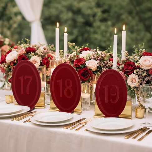 Yookeer Wedding Velvet Table Numbers 1-20 Wood Wedding Bar Sign with Stand Burgundy Oval Table Numbers for Reception Wooden Tables Markers for Anniversary, Event, Party in Saudi Arabia