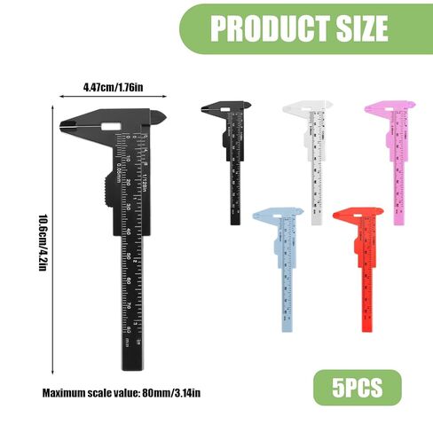 5 Pack Plastic Vernier Caliper, 80mm Eyebrow Measuring Tool, Mini Sliding Ruler Caliper Gauge for Students DIY Crafts School Office Tattoo Eyebrow Artists Use (5 Color, 0-3.15"/0-80mm) in Saudi Arabia