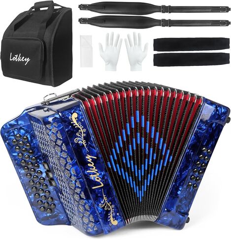 LOTKEY 34 مفتاح بيانو الأكورديون، 60 باس أداة الأكورديون المحمولة ذات النغمة المتغيرة، الأكورديون الفاخر المصنوع يدويًا للبالغين مع حقيبة أزعج، حزام كتف مبطن للمبتدئين والمهنيين (أزرق) in Kuwait