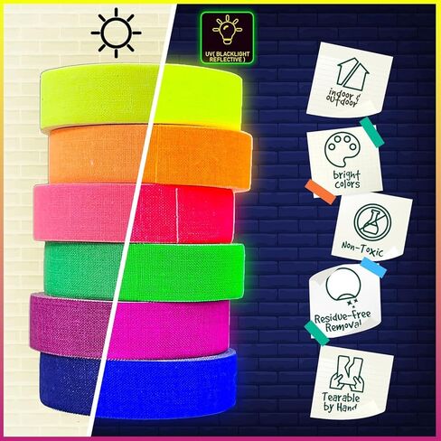 شريط D-Xam 6 عبوات نيون غافر - 0.6 بوصة ضوء أسود للأشعة فوق البنفسجية يتوهج في الظلام، أفضل للحفلات وأرضيات الرقص والمشروعات والمسارح التي تصنعها بنفسك - 6 ألوان نابضة بالحياة in Kuwait