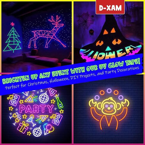 شريط D-Xam 6 عبوات نيون غافر - 0.6 بوصة ضوء أسود للأشعة فوق البنفسجية يتوهج في الظلام، أفضل للحفلات وأرضيات الرقص والمشروعات والمسارح التي تصنعها بنفسك - 6 ألوان نابضة بالحياة in Kuwait
