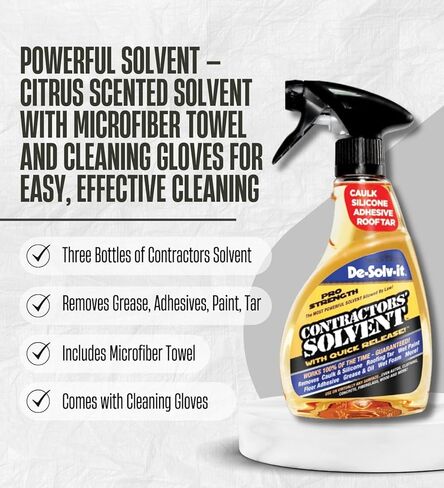 3x مجموعة سائلة برائحة الحمضيات المذيبة من De-Solv-it بحجم 32 أونصة مع قطعة قماش من الألياف الدقيقة + قفازات تنظيف - رذاذ مزيل للشحوم شديد التحمل - يزيل المواد اللاصقة والقطران والشحوم - مجموعة هدايا (5 عناصر) in Kuwait