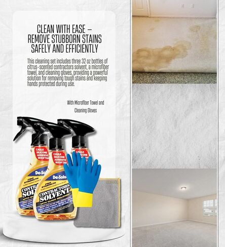 3x مجموعة سائلة برائحة الحمضيات المذيبة من De-Solv-it بحجم 32 أونصة مع قطعة قماش من الألياف الدقيقة + قفازات تنظيف - رذاذ مزيل للشحوم شديد التحمل - يزيل المواد اللاصقة والقطران والشحوم - مجموعة هدايا (5 عناصر) in Kuwait
