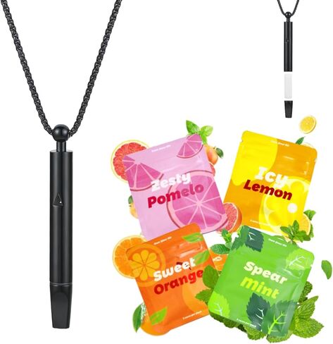 قلادة التنفس لاستبدال العادة السيئة مع 12 قطعة من النوى القابلة لإعادة الملء في 4 نكهات، قلادة منعشة لدعم العادة لتخفيف التوتر، قلادة تململ لدعم العادة للبالغين (أسود) in Kuwait