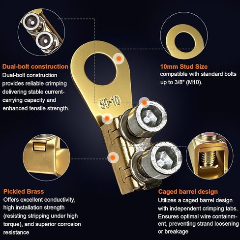 GKG 5Pcs 8-1/0AWG Heavy Duty Battery Lugs, Battery Cable Ends, Ring Terminals, Battery Terminal Connectors Lugs, Crimpless Dual Bolt-On Wire Lugs for Automotive, Marine, and Solar Power Applications in Saudi Arabia