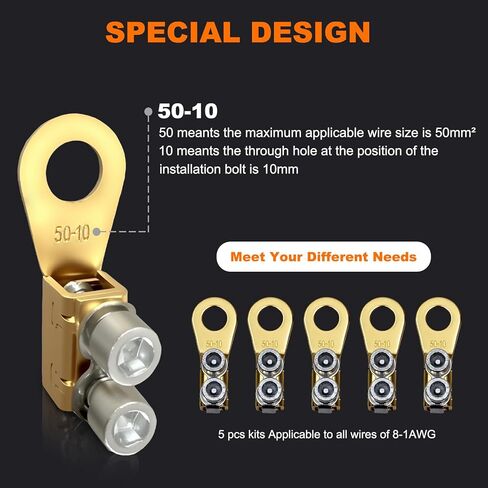 GKG 5Pcs 8-1/0AWG Heavy Duty Battery Lugs, Battery Cable Ends, Ring Terminals, Battery Terminal Connectors Lugs, Crimpless Dual Bolt-On Wire Lugs for Automotive, Marine, and Solar Power Applications in Saudi Arabia