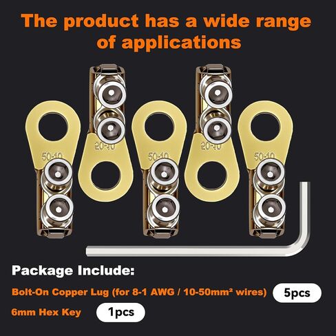 GKG 5Pcs 8-1/0AWG Heavy Duty Battery Lugs, Battery Cable Ends, Ring Terminals, Battery Terminal Connectors Lugs, Crimpless Dual Bolt-On Wire Lugs for Automotive, Marine, and Solar Power Applications in Saudi Arabia