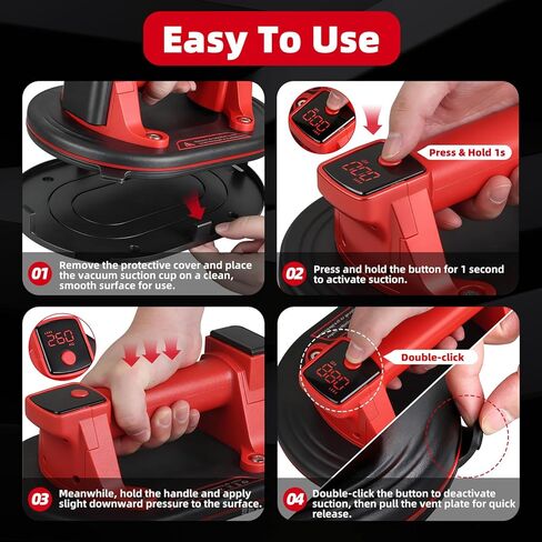 Electric Suction Cup Lifter Max Load 573 lbs, 10" Base with LED Display for Battery Suction Cup, Two Removable 3000 mAh Batteries for Lifting Large Glass, Granite, Tiles, Metal in Saudi Arabia