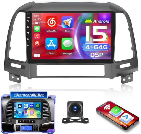 [4+64G] Hikity Android Car Stereo for Hyundai Santa fe 2006 2007 2008 2009 2010 2011 2012 with Wireless Carplay Android Auto, 9'' Touchscreen Radio Mirror Link Bluetooth WiFi Backup Cam SWC in Kuwait