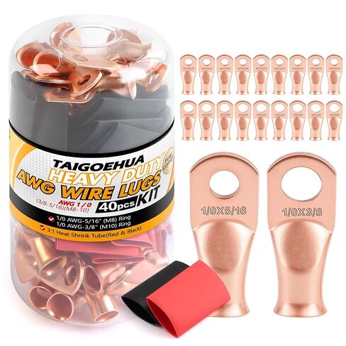 40PCS (1/0 AWG-3/8(M10) 5/16(M8)) Battery Cable Copper Wire Lugs Ends,Battery Terminal Connectors with pcs 3:1 Heat Shrink Tubing (Red & Black) kit in Saudi Arabia
