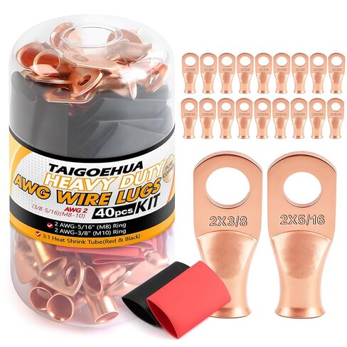 40PCS (1/0 AWG-3/8(M10) 5/16(M8)) Battery Cable Copper Wire Lugs Ends,Battery Terminal Connectors with pcs 3:1 Heat Shrink Tubing (Red & Black) kit in Saudi Arabia