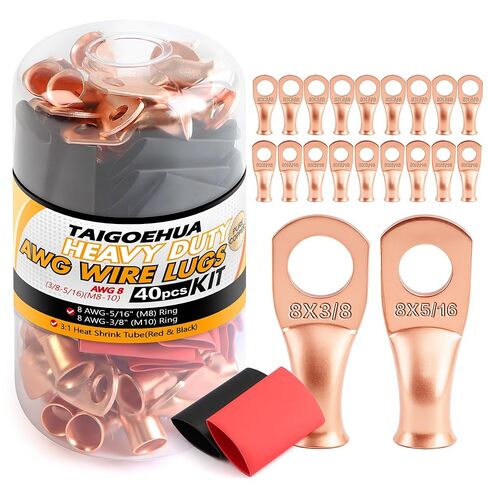40PCS (1/0 AWG-3/8(M10) 5/16(M8)) Battery Cable Copper Wire Lugs Ends,Battery Terminal Connectors with pcs 3:1 Heat Shrink Tubing (Red & Black) kit in Saudi Arabia