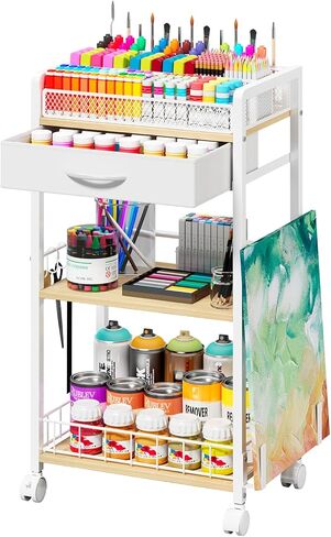 3 Tier Rolling Cart - Metal Utility Cart with Storage Drawer and Wheels, Versatile Art & Craft Organizer for Home, Office, or Studio Ideal for Storing Brushes, Paints, and Supplies Brown in Kuwait